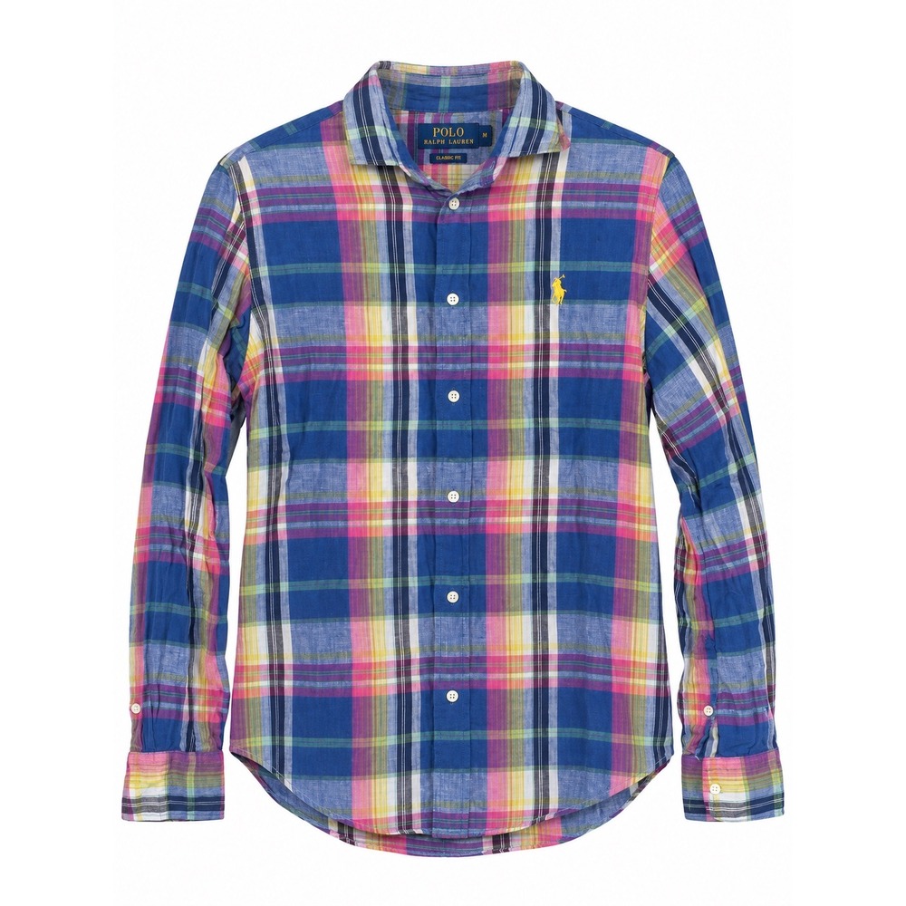 Polo Ralph Lauren Men M 100% Linen Plaid Button Down Shirt Blue Pink Classic Fit